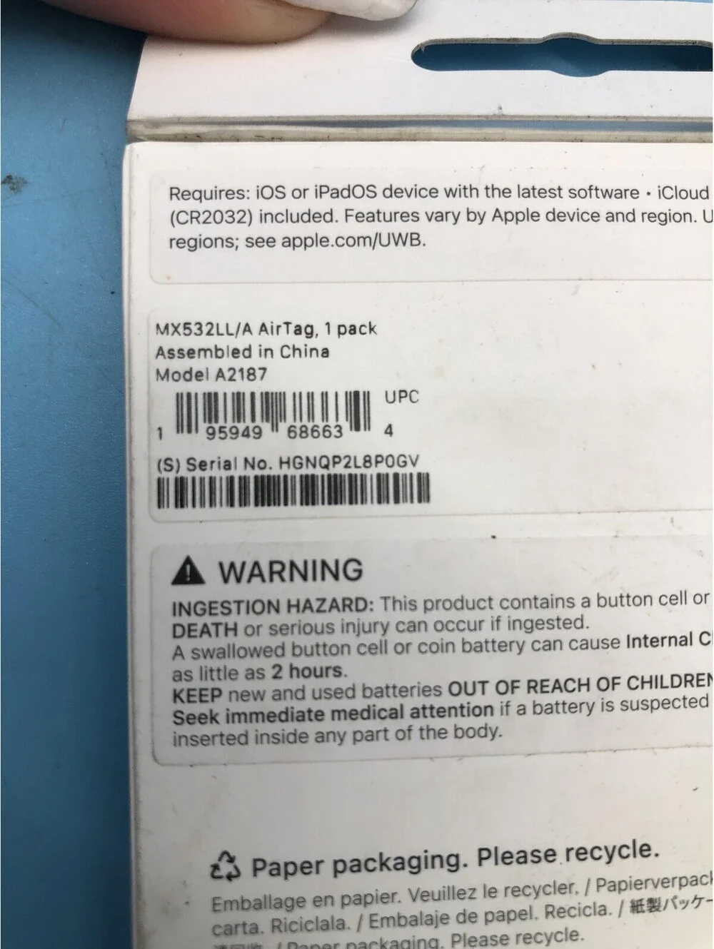 Apple AirTag Bluetooth Tracker White MX532LL/A A2187 1 Pack Wireless IOS Find My